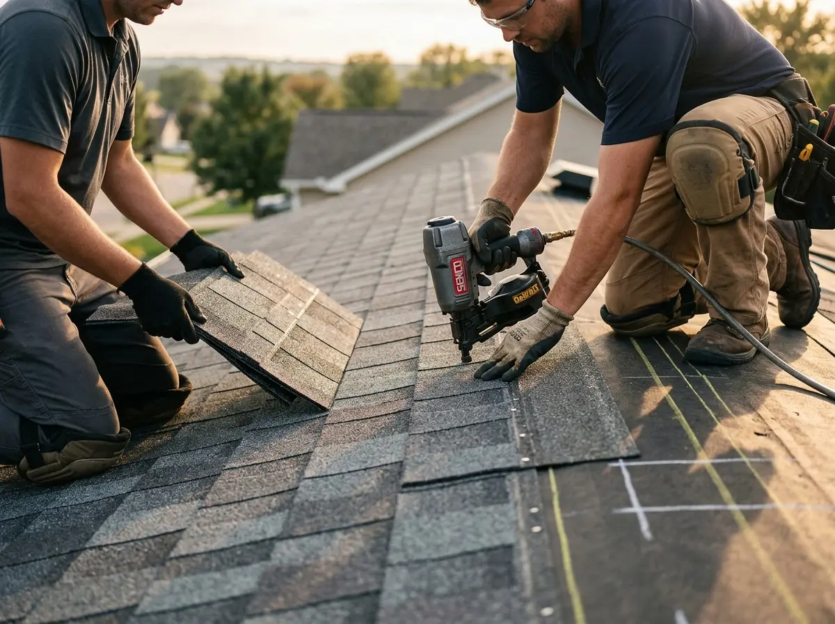 Professional roofer working on a residential roof in Pleasant Run
